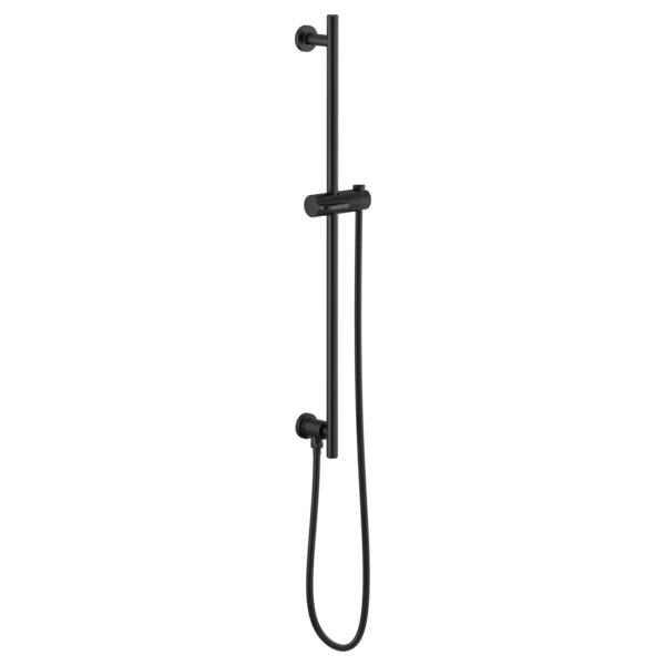 Black vertical shower slide bar with round matte finish, adjustable handshower holder, and attached hose.