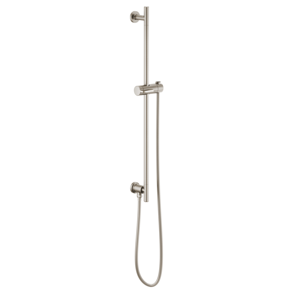Brushed nickel vertical slide bar with adjustable handshower holder and attached hose against white background.
