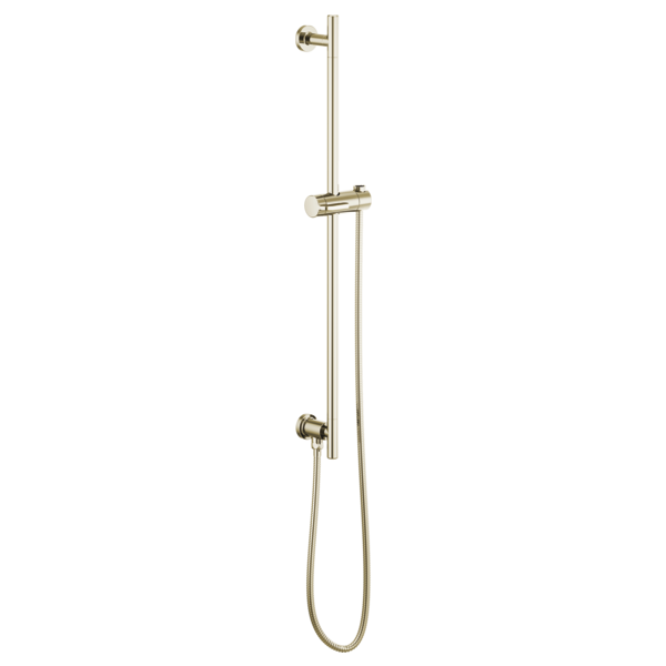 Polished nickel shower slide bar with round handrail, adjustable holder, and attached hose against white background.