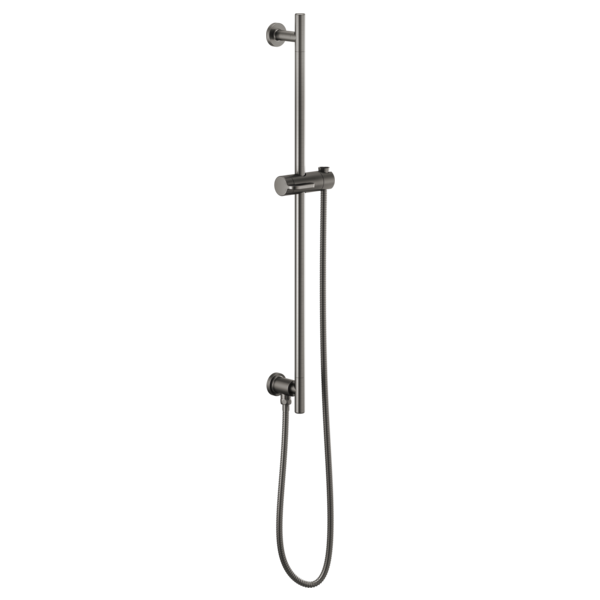 Chrome vertical slide bar with adjustable handshower holder and curved shower hose attachment.