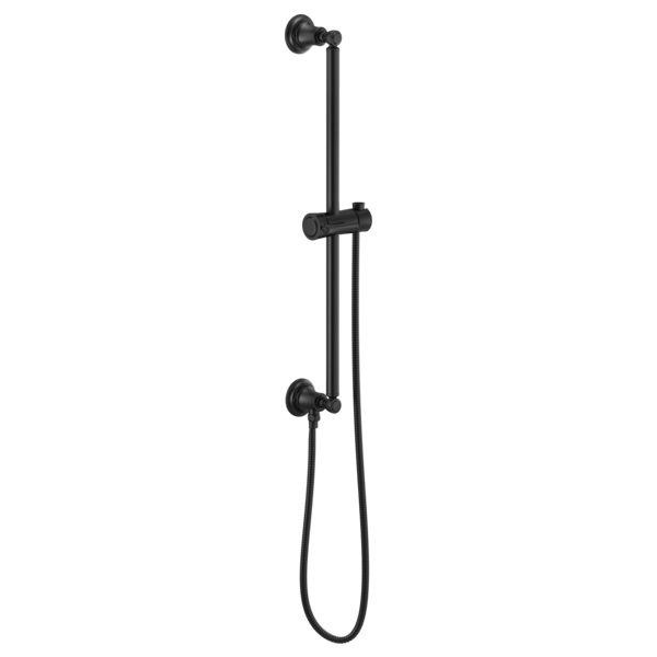 Black round slide bar with adjustable handshower holder and attached hose for wall mounting.