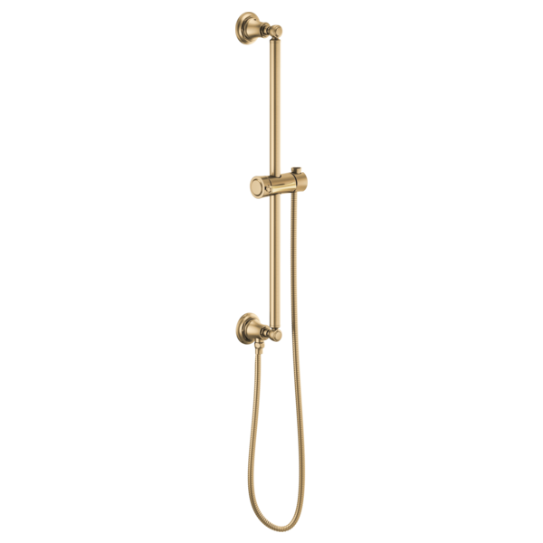 Champagne bronze slide bar shower system with round wall mounts, adjustable handshake grip, and curved hose attachment.