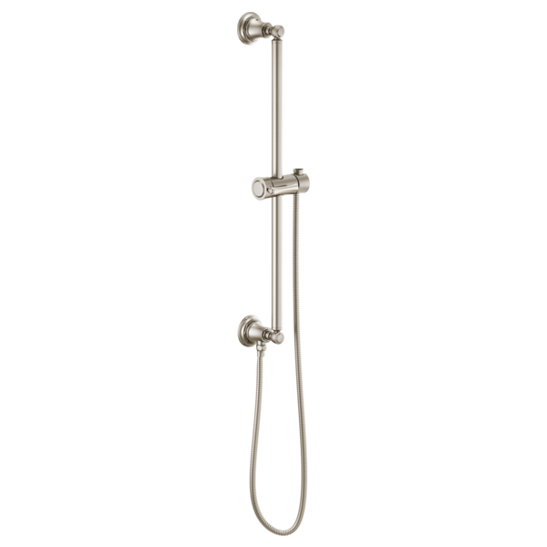 Brushed nickel vertical slide bar with round wall mounts, adjustable handshower holder, and flexible hose attachment.