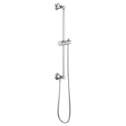 Chrome shower slide bar with round wall mounts, adjustable holder, and flexible hose attachment.