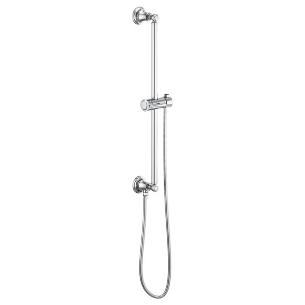 Chrome shower slide bar with round wall mounts, adjustable holder, and flexible hose attachment.