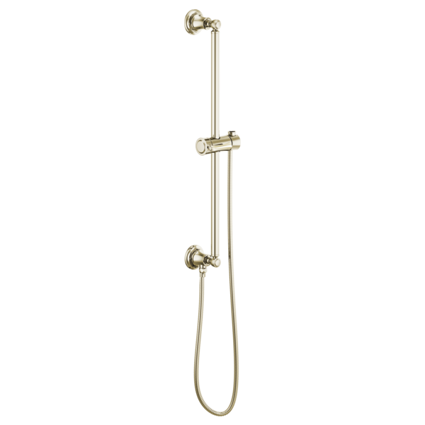 Polished nickel vertical slide bar with round wall mounts, adjustable holder ring, and flexible hose attachment.