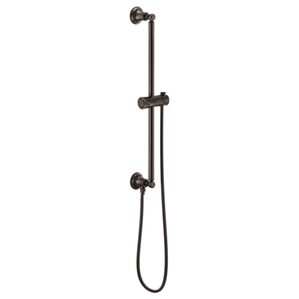 Oil-rubbed bronze vertical slide bar with round mounting brackets and attached black hose for handheld shower use.