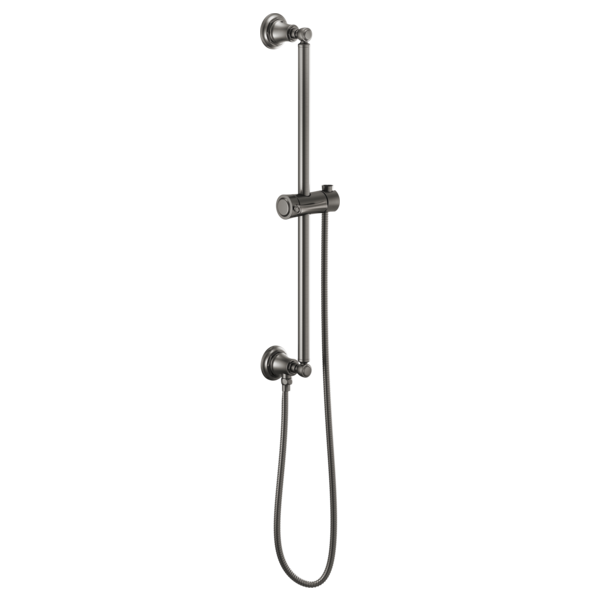 Chrome slide bar shower system with round wall mounts, adjustable handshower holder, and flexible hose.
