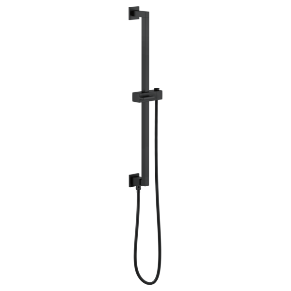 Black square slide bar with adjustable handheld showerhead and hose against white background.