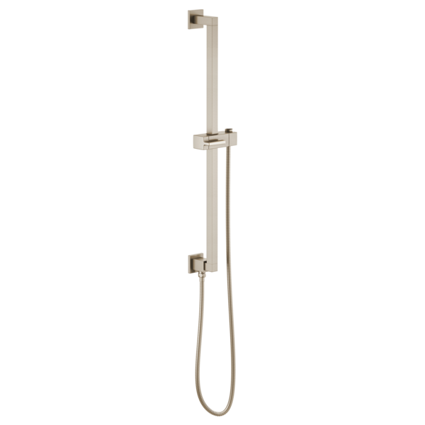 Brushed nickel linear slide bar with adjustable holder and attached hose for shower use.