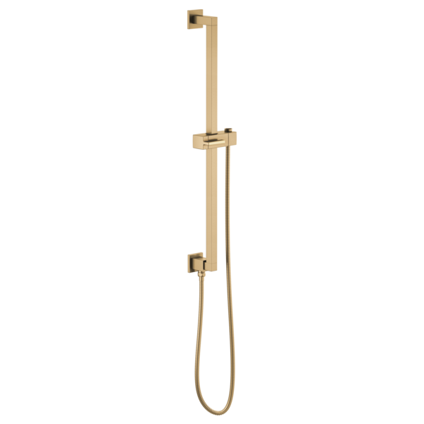 Champagne bronze shower slide bar with square profile, adjustable holder, and connected hose against white background.