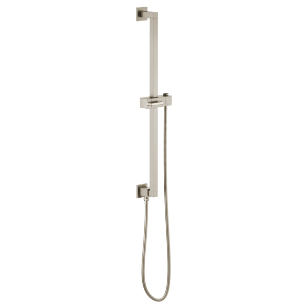 Brushed nickel shower slide bar with square design, adjustable bracket, and attached hose on white background.