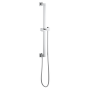 Chrome shower slide bar with square design, adjustable hand shower holder, and flexible hose against white background.