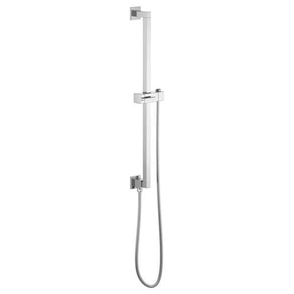 Chrome shower slide bar with square design, adjustable hand shower holder, and flexible hose against white background.