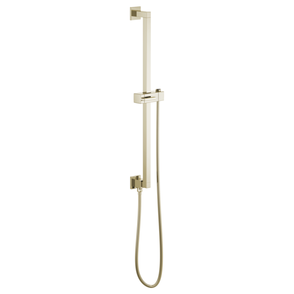 Brushed nickel vertical slide bar with square design, adjustable handshower holder, and flexible hose connection.
