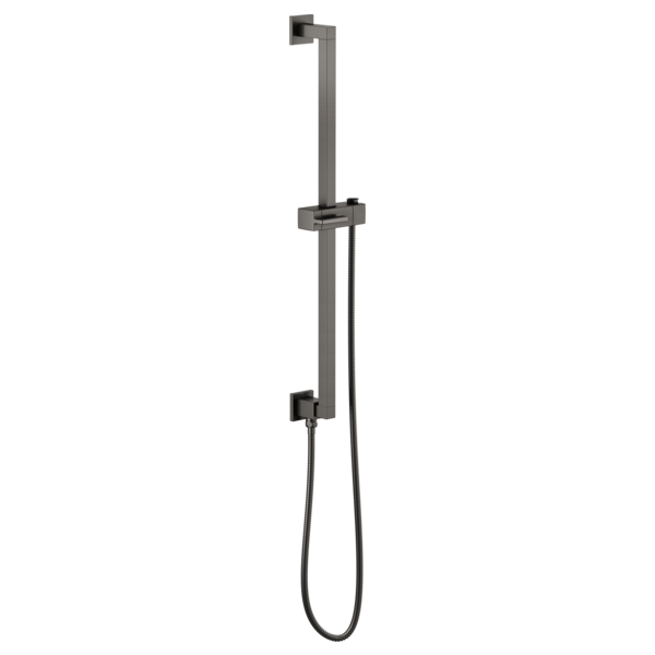 Square metal shower slide bar with adjustable hand shower and hose attachment in brushed gray finish.