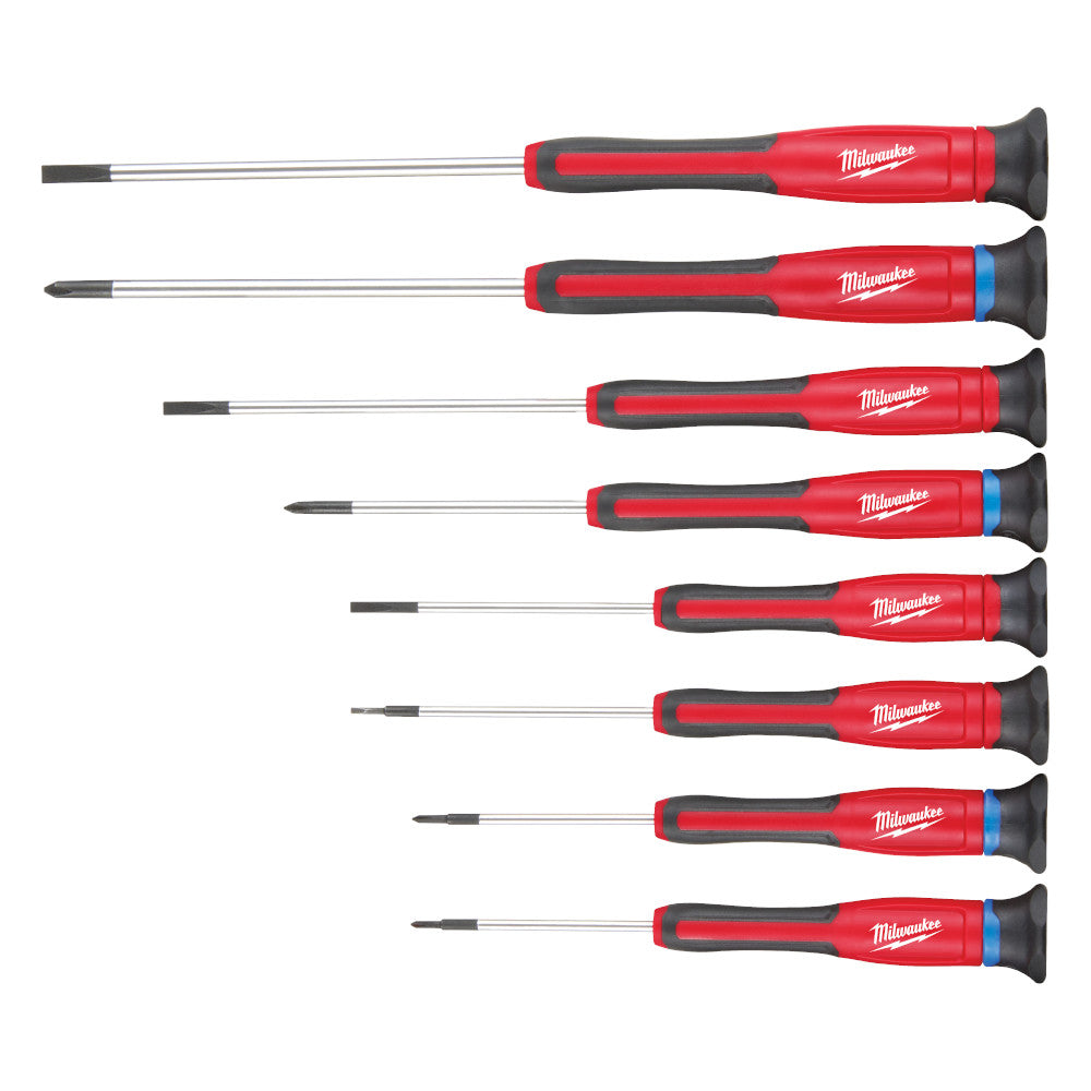 Eight precision screwdrivers with red and black handles and varying flathead and Phillips tip sizes arranged vertically.