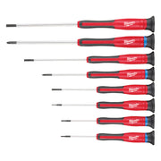 Eight precision screwdrivers with red and black handles and varying flathead and Phillips tip sizes arranged vertically.