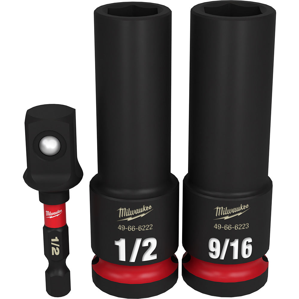 Three black Milwaukee deep sockets with red bands: one 1/2" drive 1/2" size, one 1/2" drive 9/16" size, and one 1/2" drive bi