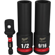 Three black Milwaukee deep sockets with red bands: one 1/2" drive 1/2" size, one 1/2" drive 9/16" size, and one 1/2" drive bi