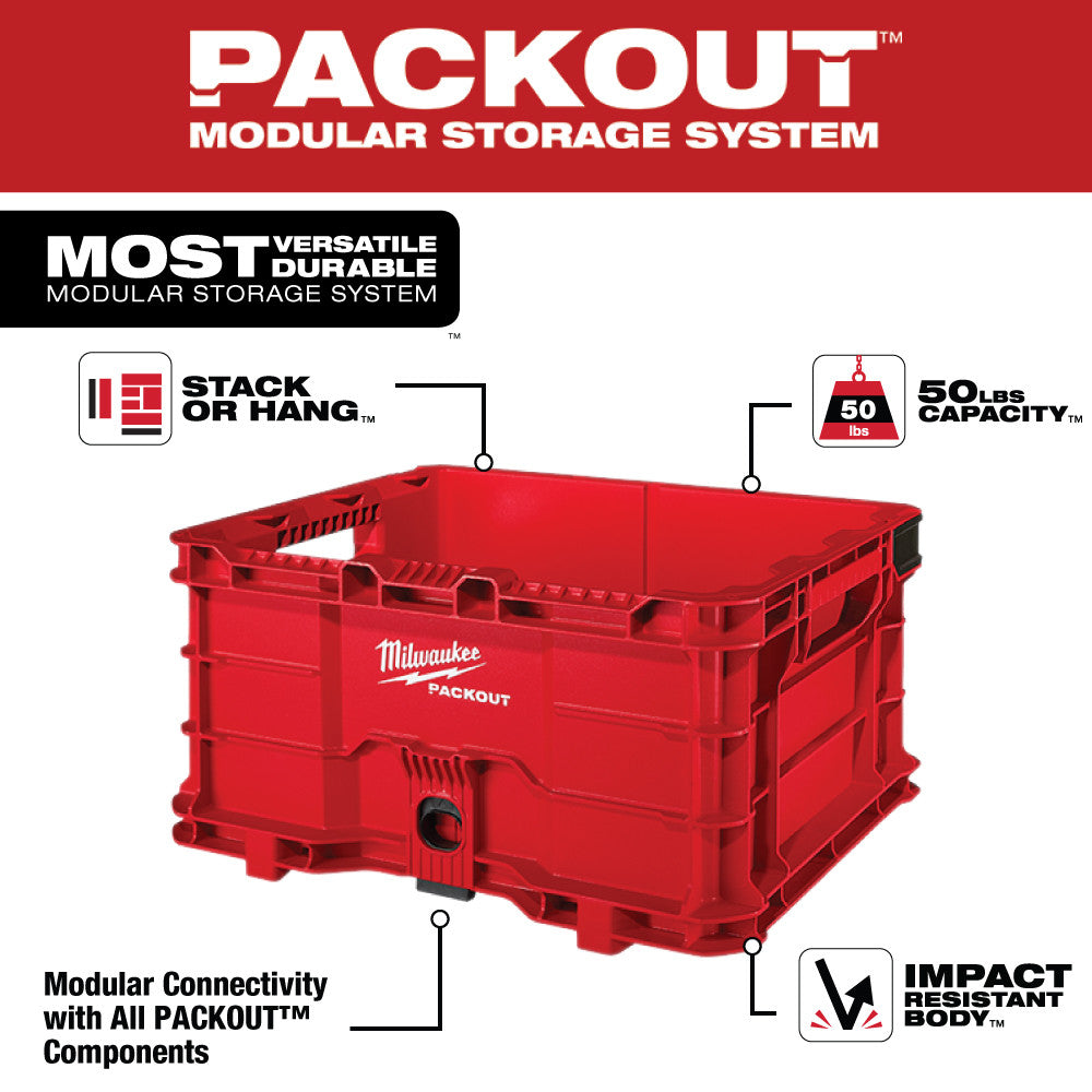 Red Milwaukee PACKOUT crate with handles, 50 lbs capacity, stackable storage container.