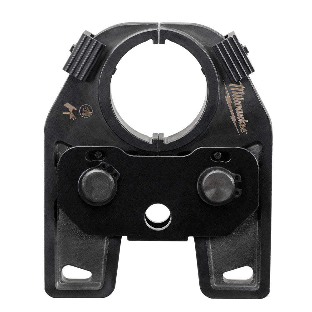 Black Milwaukee M18 crimping jaw with U-shaped opening, two adjustment knobs, and mounting holes on base.