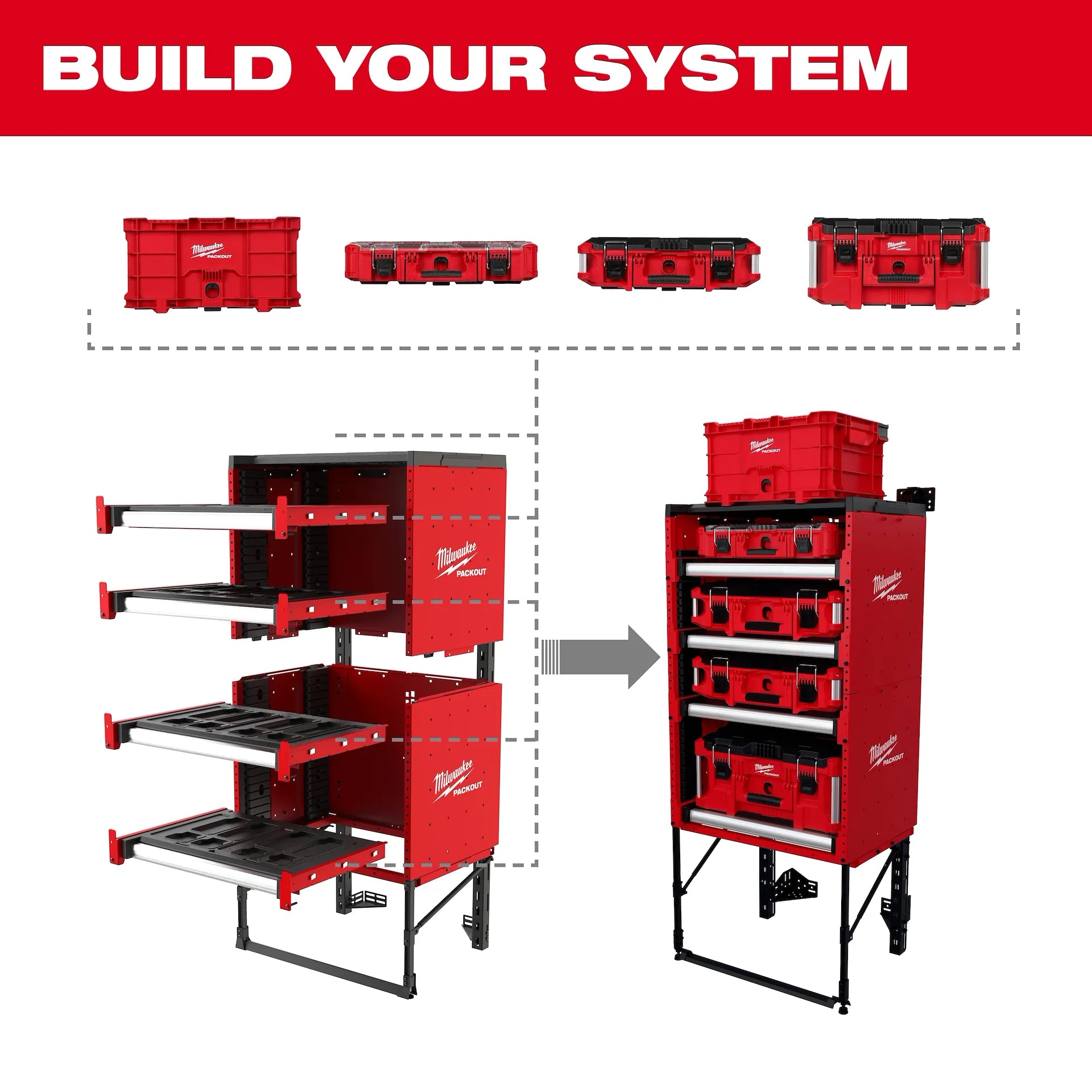 Red and black modular storage rack system with multiple sliding drawers and stackable PACKOUT boxes shown assembled and disas