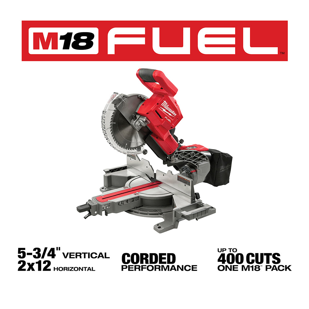 Red and black Milwaukee M18 FUEL dual bevel sliding compound miter saw with circular blade and gray base.