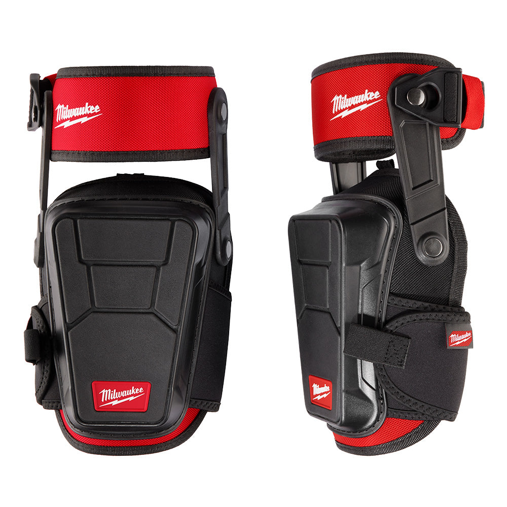 Black and red Milwaukee knee pads with padded protection, shown from front and side views with adjustable straps and stabiliz