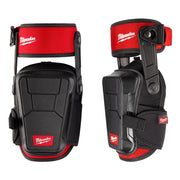 Black and red Milwaukee knee pads with padded protection, shown from front and side views with adjustable straps and stabiliz