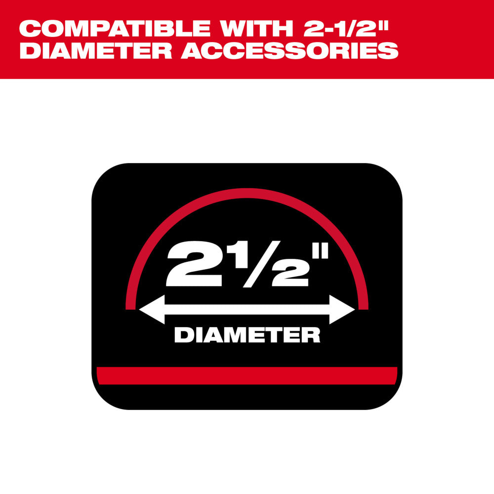 Red and black diagram showing 2-1/2 inch diameter measurement with arrows and compatibility text.