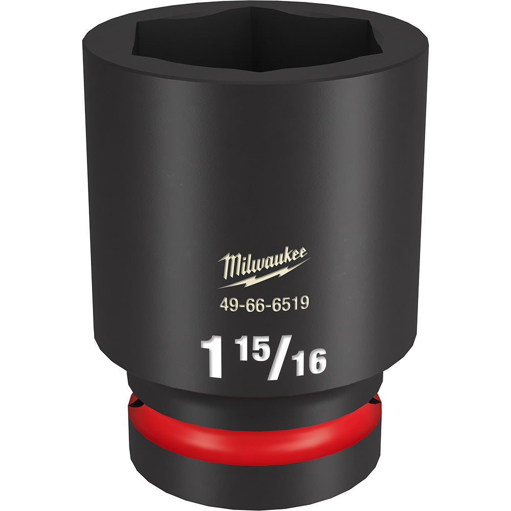 Black Milwaukee 1-15/16" deep 6-point socket with red grip band and hexagonal opening.