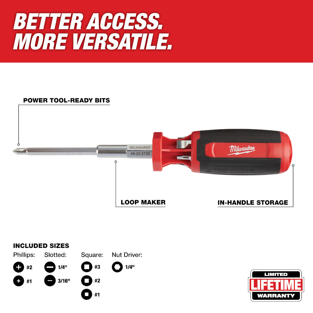 Red and black Milwaukee multi-bit driver with interchangeable bits including Phillips, slotted, square, and nut driver sizes.