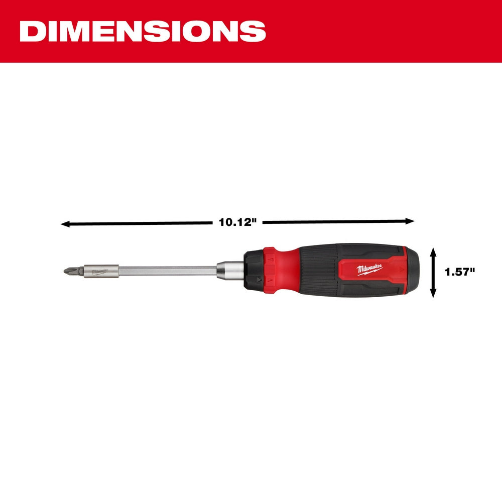 Red and black ratcheting screwdriver with multiple bit tips, measuring 10.12 inches long and 1.57 inches wide.