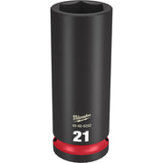 Black deep socket with red band at base, 21MM size marking, hexagonal opening, 1/2" drive.