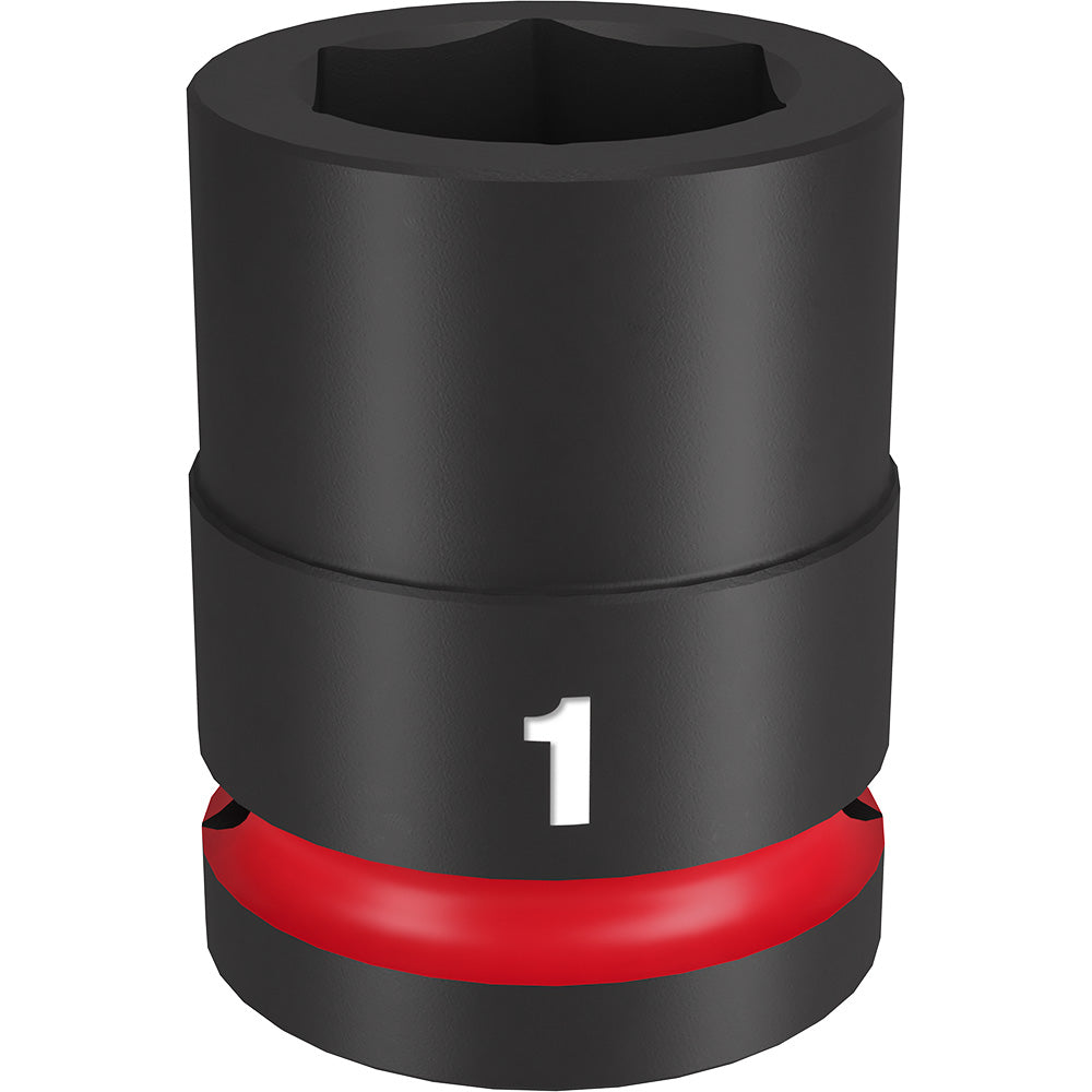 Black 3/4" drive socket with 1" opening, six-point interior, red band near base marked with "1".