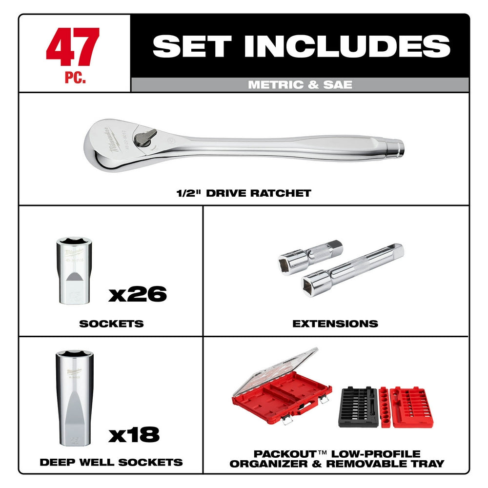 1/2" drive ratchet socket set with 26 standard sockets, 18 deep sockets, extensions, and red Packout organizer.