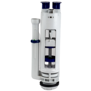 White plastic toilet tank valve assembly with dual blue buttons, internal mechanism visible, and attached fill tube.