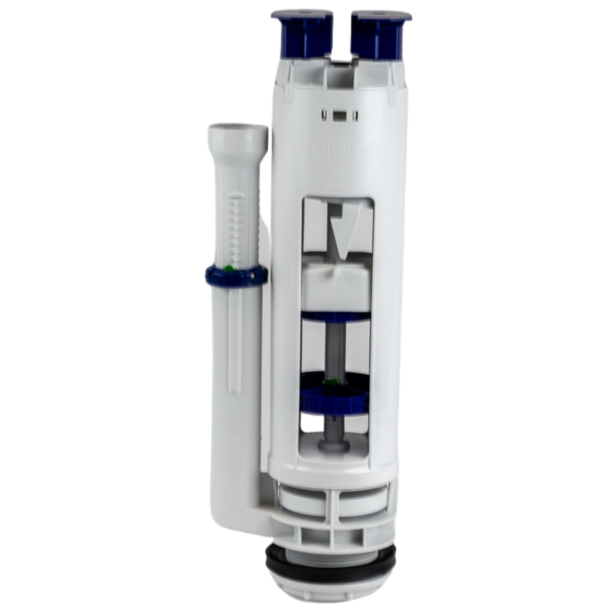 White plastic toilet tank valve assembly with dual blue buttons, internal mechanism visible, and attached fill tube.