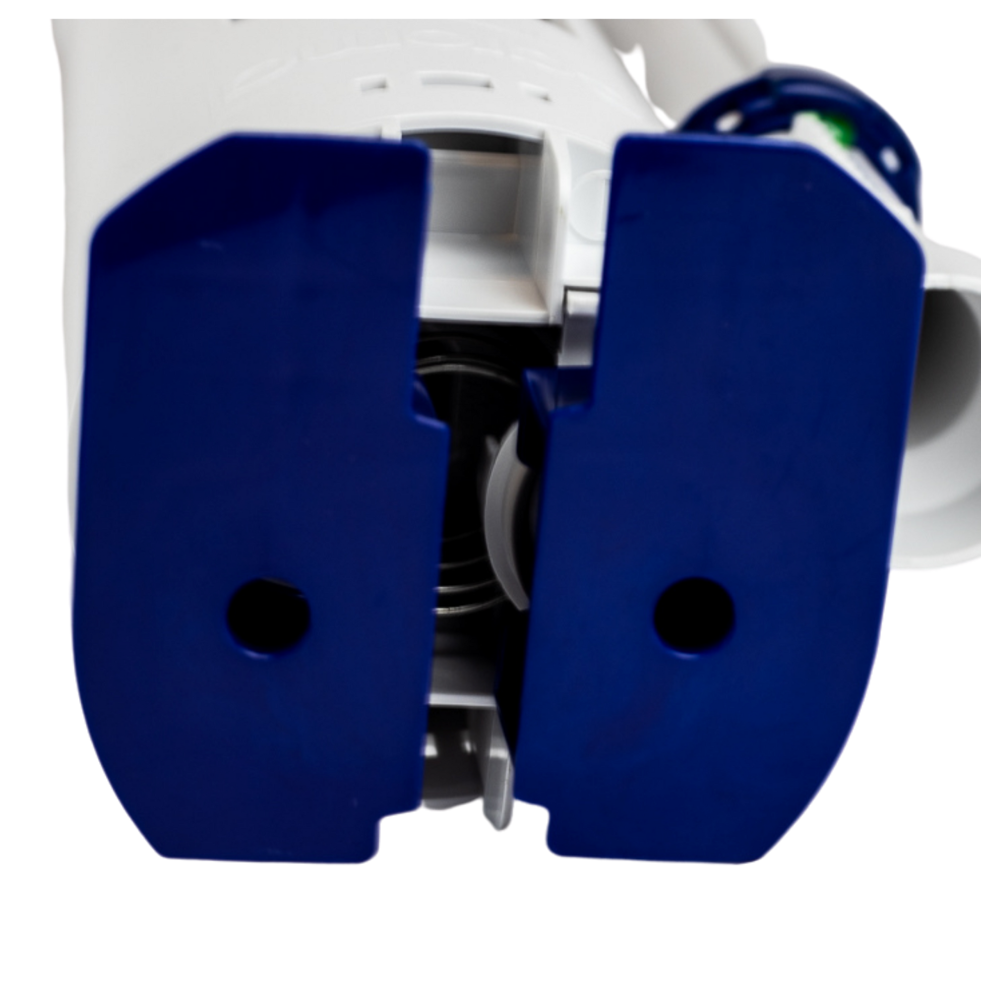 Caroma M5 outlet valve with blue dual covers and internal black mechanical components visible between open panels.