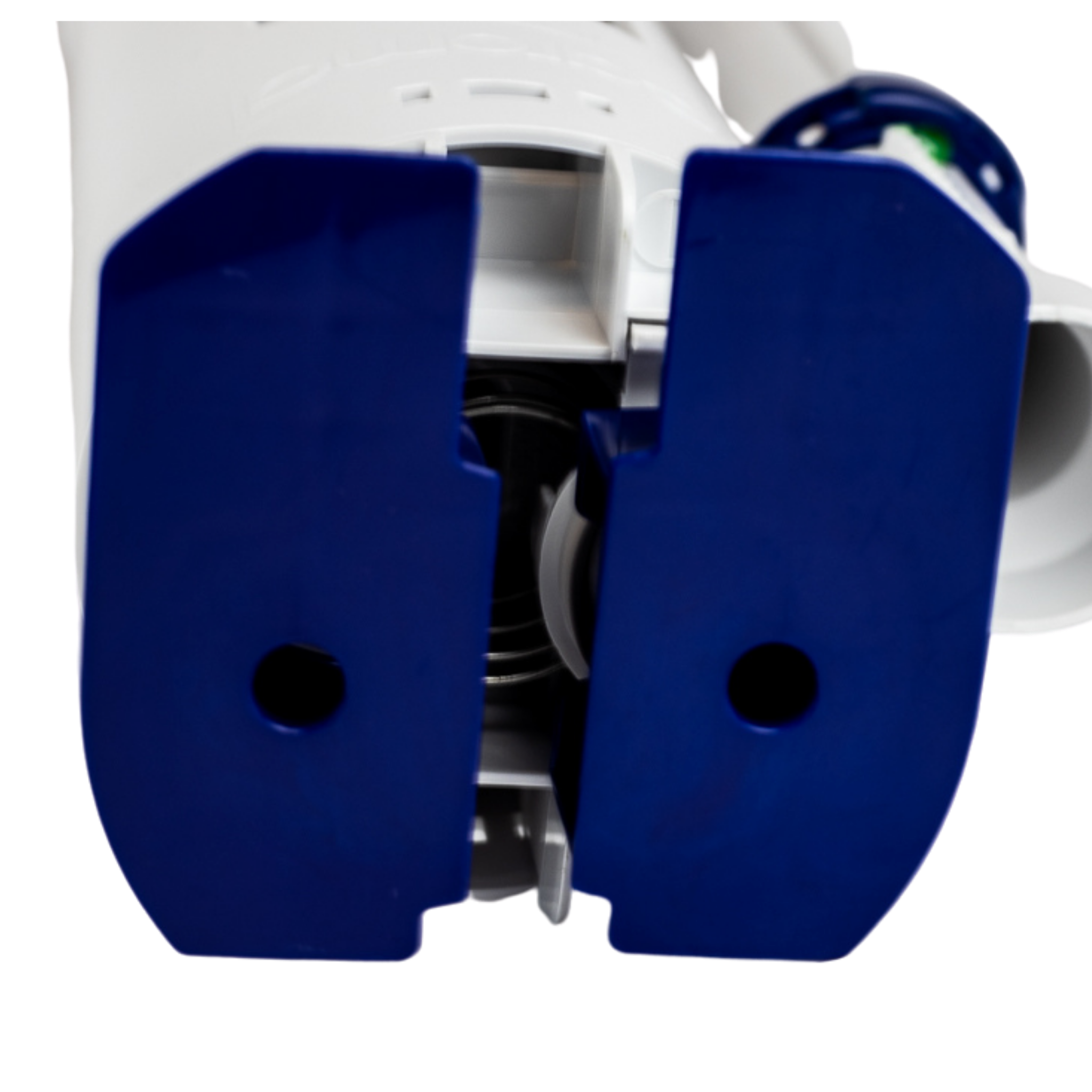 Caroma M5 outlet valve with blue dual covers and internal black mechanical components visible between open panels.