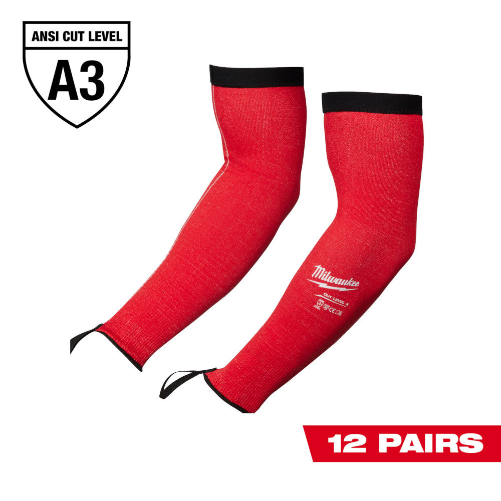 Red protective sleeves with black cuffs and trim, ANSI A3 cut level rated, 16 inches long.