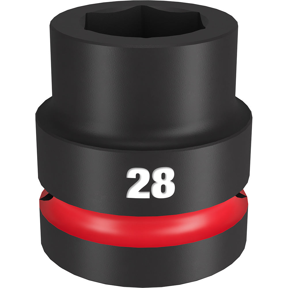 Black 28MM impact socket with 1" drive, 6-point hexagonal opening and red grip band.