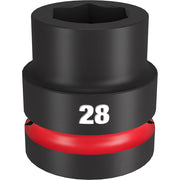 Black 28MM impact socket with 1" drive, 6-point hexagonal opening and red grip band.