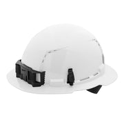 White hard hat with full brim, vented crown, black ratcheting suspension system, and attachment points.