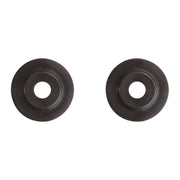 Two dark metal circular cutting wheels with center holes, displayed side by side.