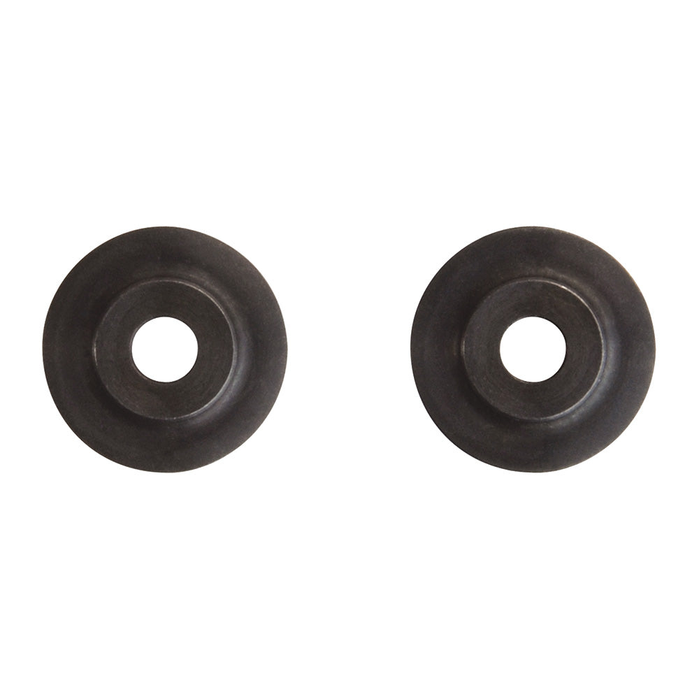 Two dark metal circular cutting wheels with center holes, displayed side by side.