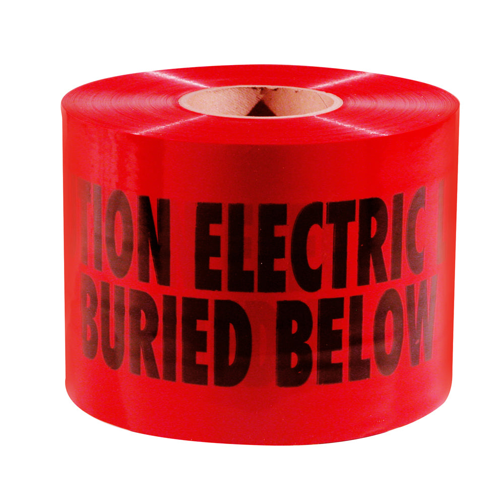 Red tape roll with "NON ELECTRIC BURIED BELOW" text printed in black, cardboard core visible.