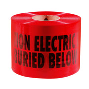 Red tape roll with "NON ELECTRIC BURIED BELOW" text printed in black, cardboard core visible.
