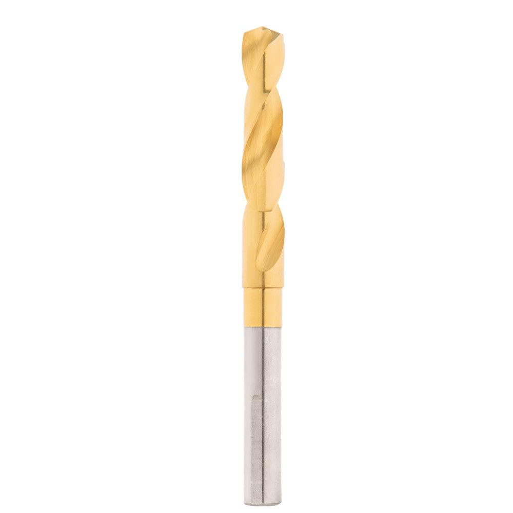 Titanium-coated twist drill bit with gold-colored flutes and silver shank on white background.